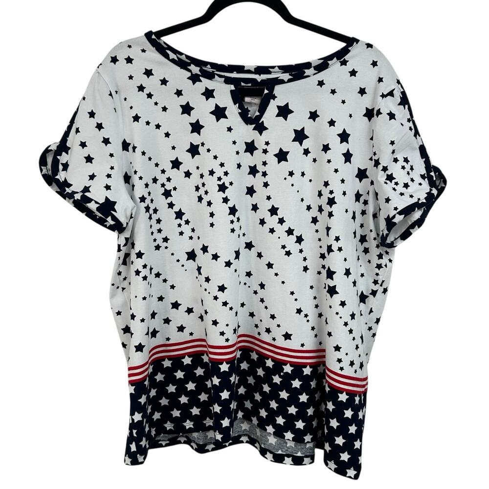 Allison Daley White Navy Red Star Print Short Sleeve Blouse